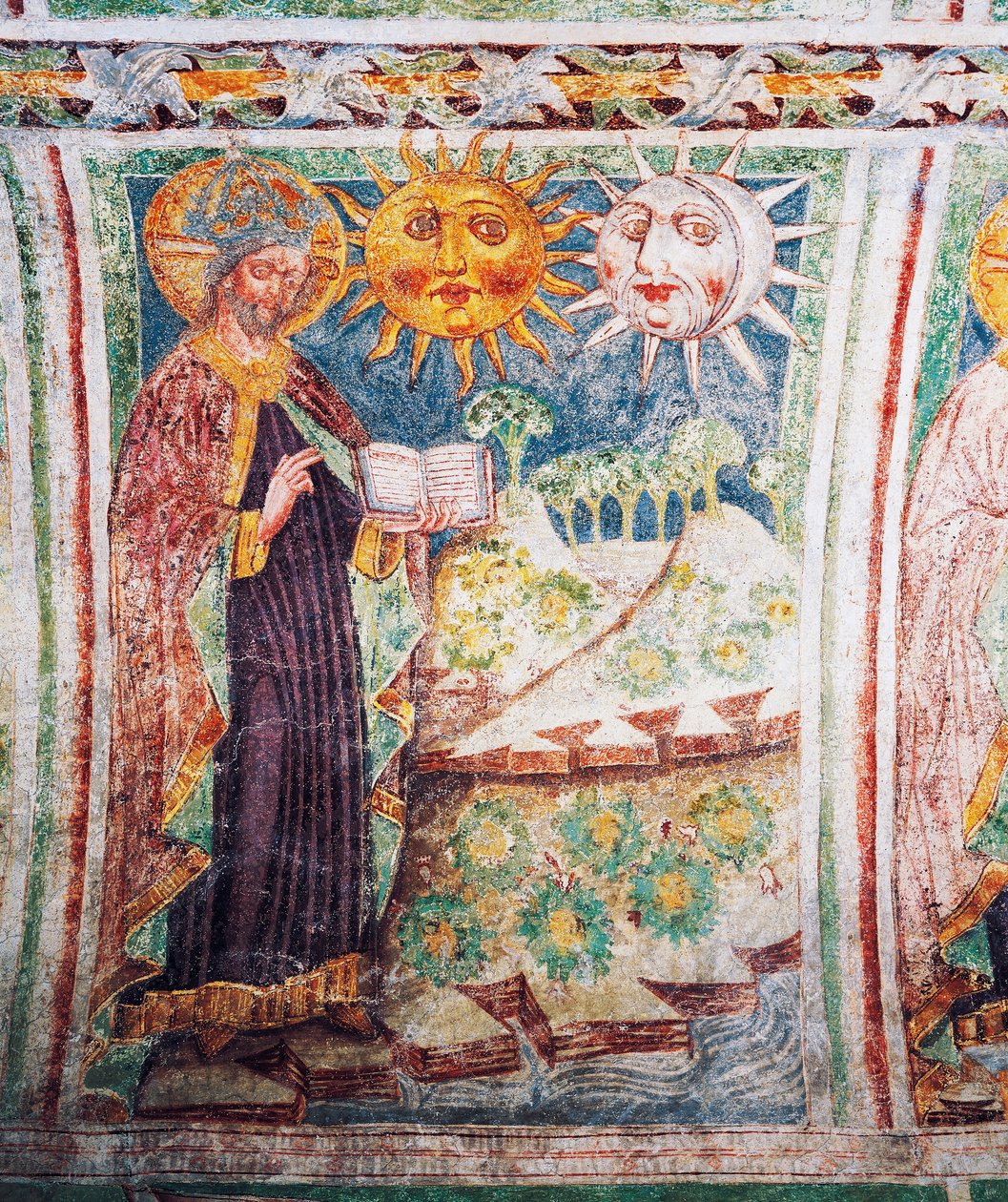 Igreja fortificada de Hrastovlje, Igreja da Trindade, Gênesis, Deus cria sol, lua e estrelas (1490), detalhe de afrescos de Janez Iz Kastva, Eslovênia de Janez Kastav
