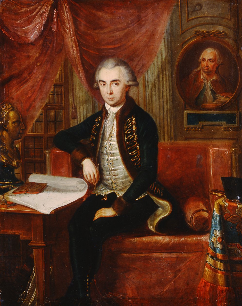 Retrato de Samuel Teleki com um retrato oval de Samuel Bruchental em segundo plano de Janos Marton Stock