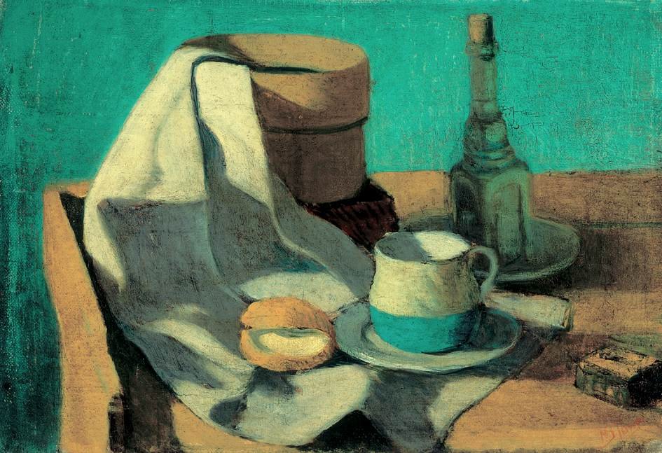 Ainda-vida com peneira, pão e caneca de Janos Nagy Balogh