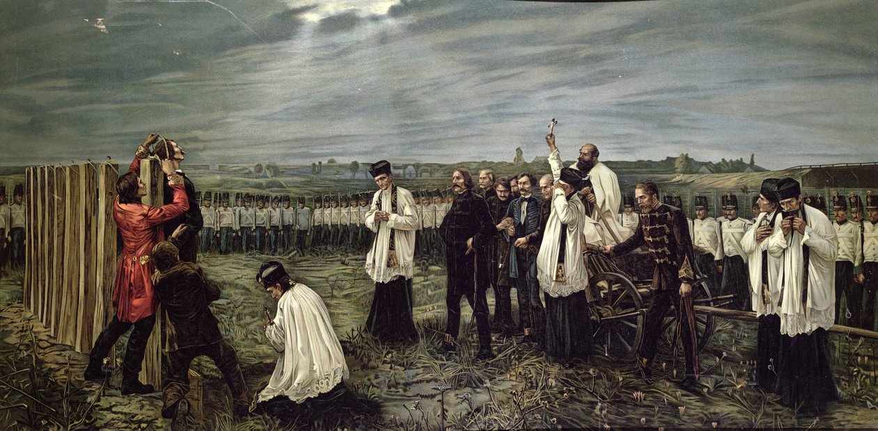 Execução de oficiais húngaros pelos austríacos em Arad, Hungria, em 6 de outubro de 1849, 1893 (chromolitho) de Janos Thorma