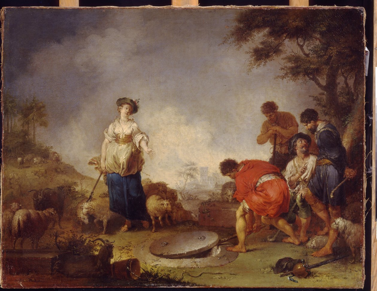 Jacob encontra Raquel no poço. Pintura de Johann Rosso Jauarius Zick (1730-1797), óleo sobre tela de Januarius Zick