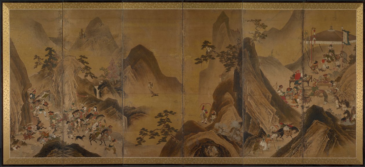 Caça aos tártaros em uma paisagem montanhosa de Japan, Edo period