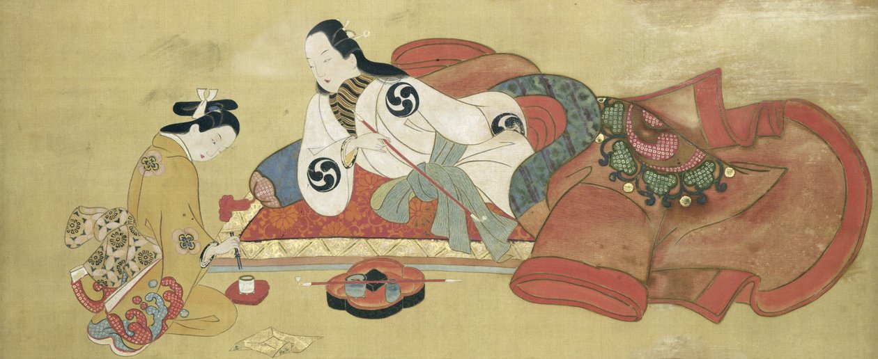 Um homem fumando e seu servo (seda pintada) de Japanese School