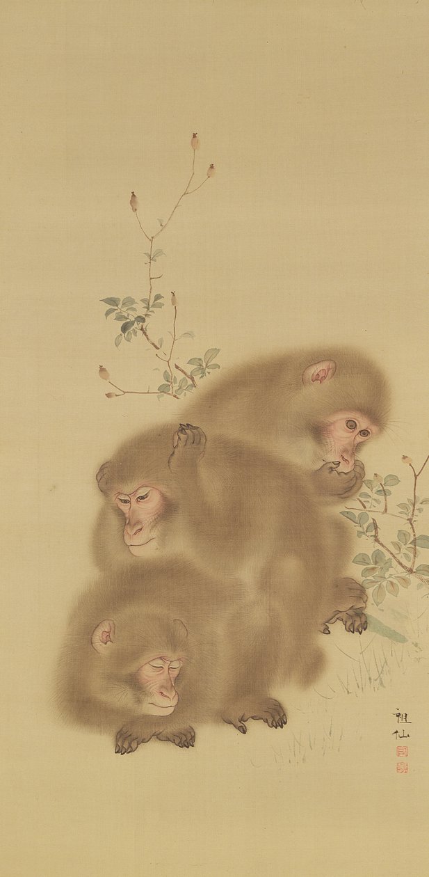 Família de babuínos (tinta e cores sobre seda) de Japanese School