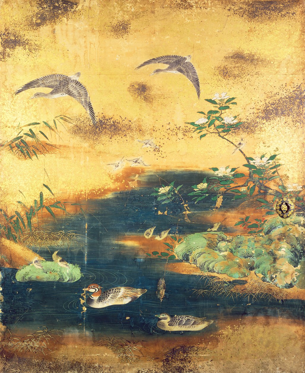 Painel de portas deslizantes para pássaros e flores (tinta, cores, ouro e prata sobre papel) de Japanese School