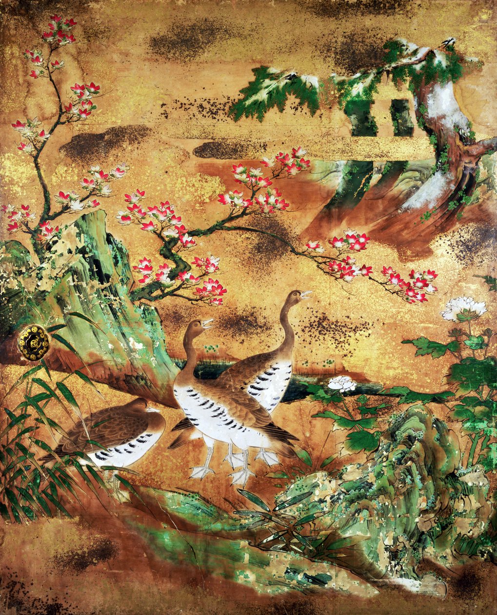 Painel de portas deslizantes para pássaros e flores (tinta, cores, ouro e prata sobre papel) de Japanese School