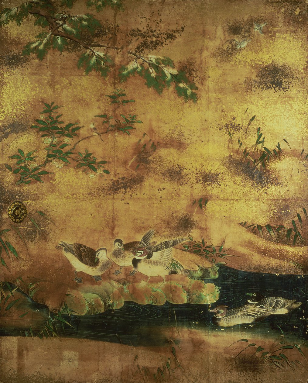 Painel de portas deslizantes para pássaros e flores (tinta, cores, ouro e prata sobre papel) de Japanese School