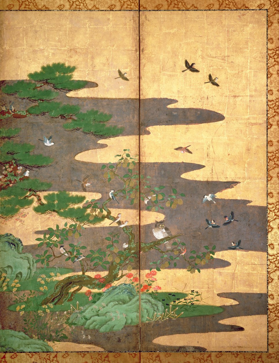 Aves com flores de outono e inverno (caneta e tinta, papel colorido e dourado no painel) (ver 216542, 216543, 216544) de Japanese School