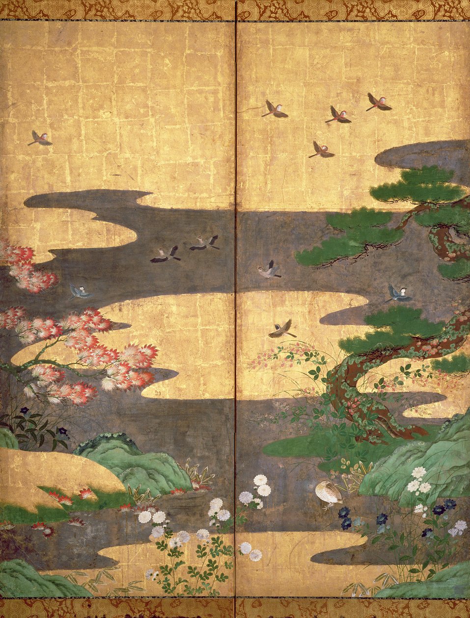Aves com flores de Outono e Inverno (caneta e tinta, papel a cores e dourado no painel) (ver 216542, 216543, 216545) de Japanese School