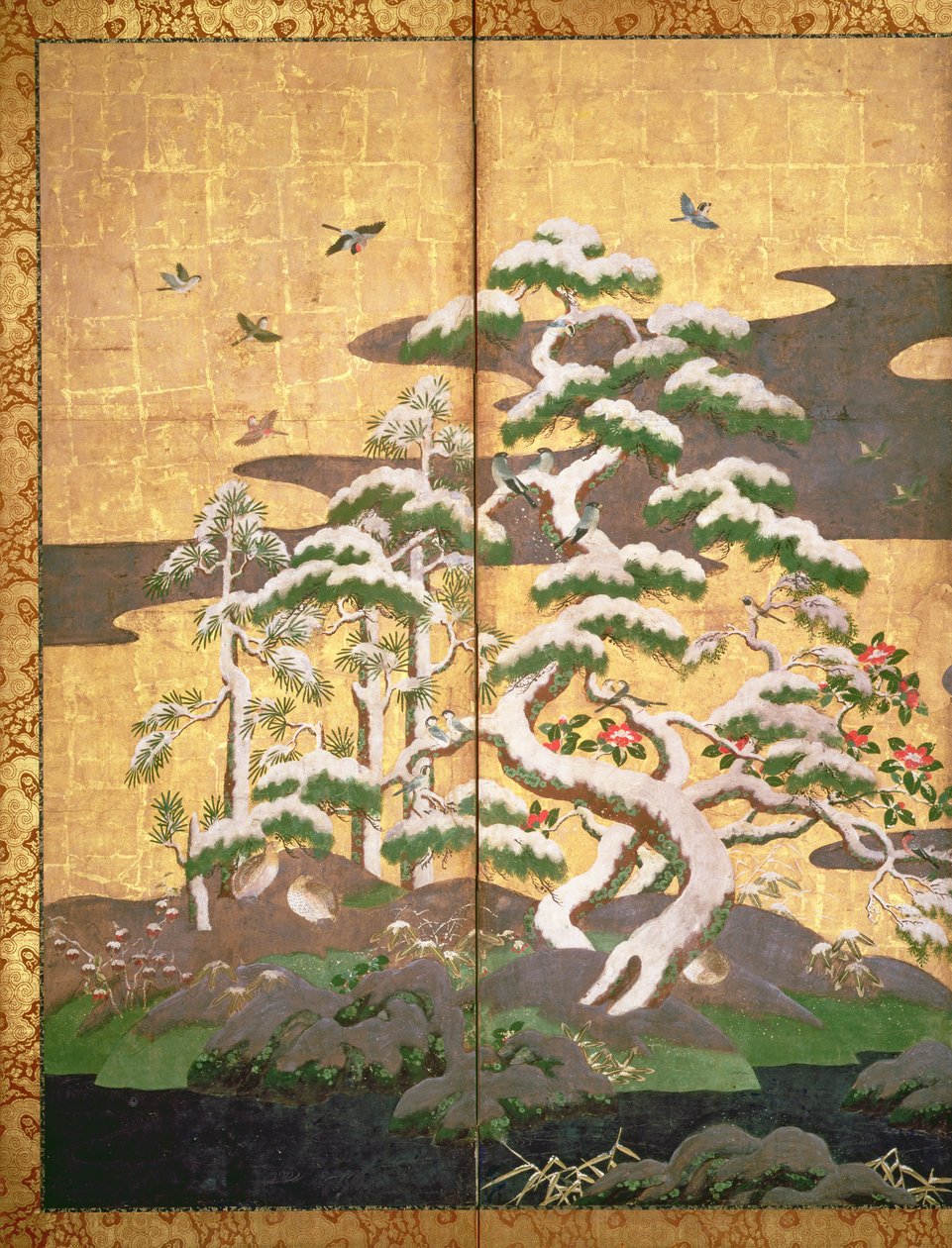 Pássaros com flores de Outono e Inverno (caneta e tinta, papel a cores e dourado no painel) (ver 216543, 216544, 216545) de Japanese School