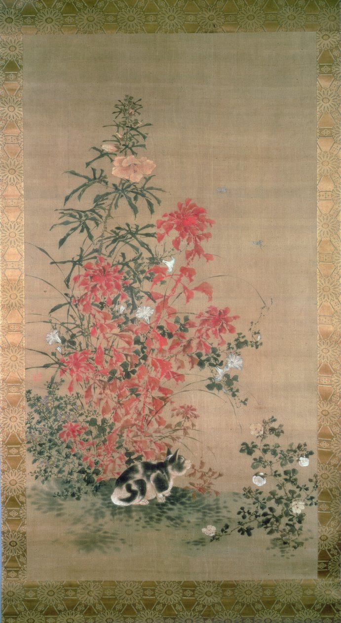 Gato entre flores (tinta e cores na seda) de Japanese School