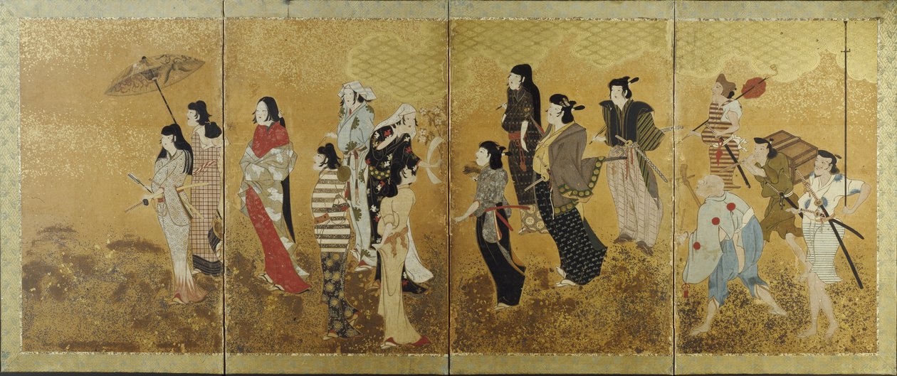 Piquenique da visão da flor de cerejeira, c.1624-44 (tela four-fold, tinta, cor & folha do ouro no papel) de Japanese School