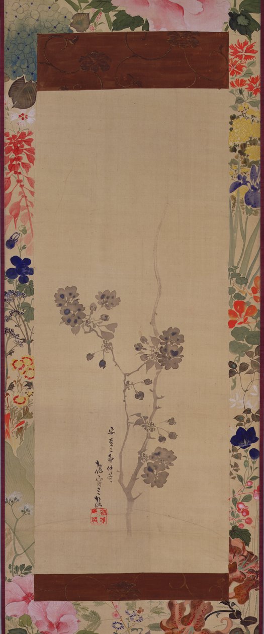 Flores de cerejeira com montagem pintada, 1855 (tinta e cores sobre seda) de Japanese School