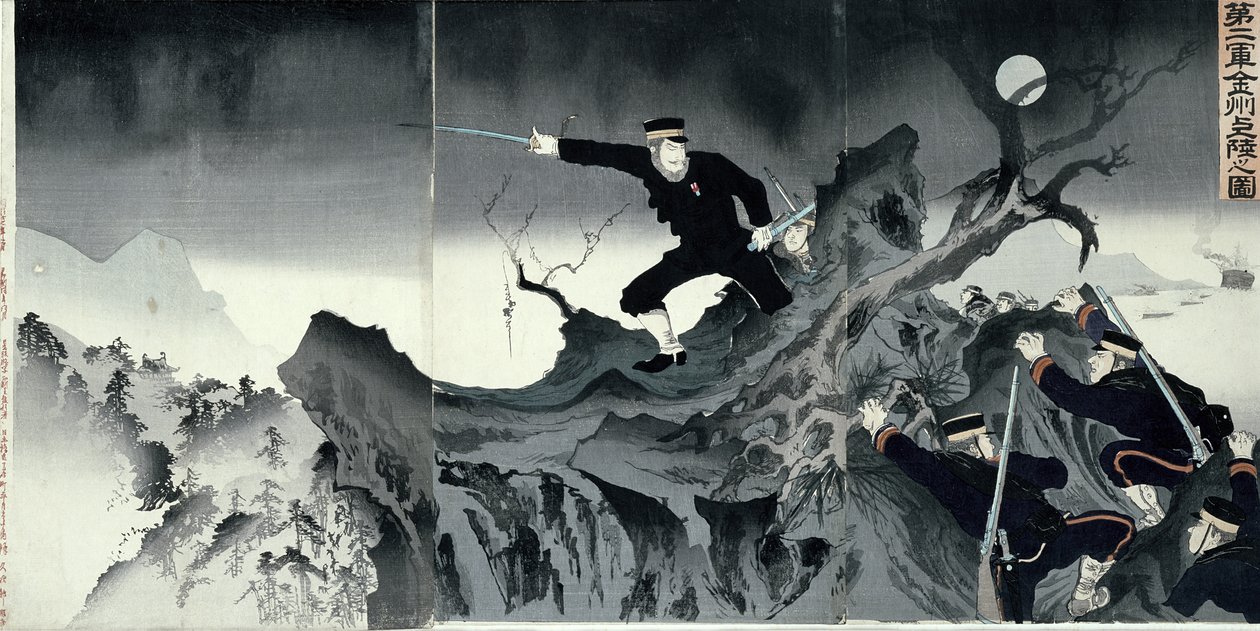 Episódio da guerra sino-japonesa (impressão em xilogravura) de Japanese School