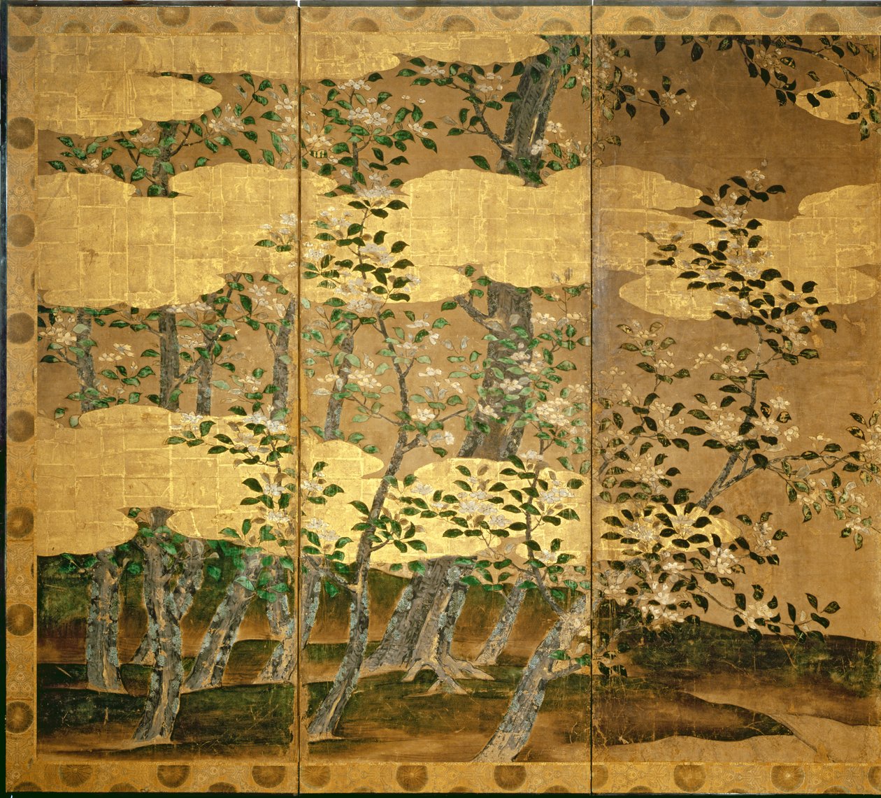 Flores de camélias (caneta e tinta, cor, papel dourado no painel) (ver 216566) de Japanese School