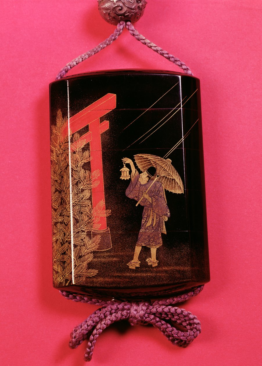 Quatro casos inro representando um homem abrigado sob um guarda-sol (togidashi) de Japanese School