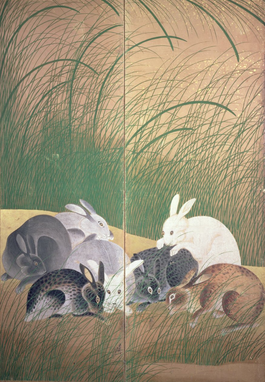 Lebres e gramíneas de outono, c.1700 de Japanese School