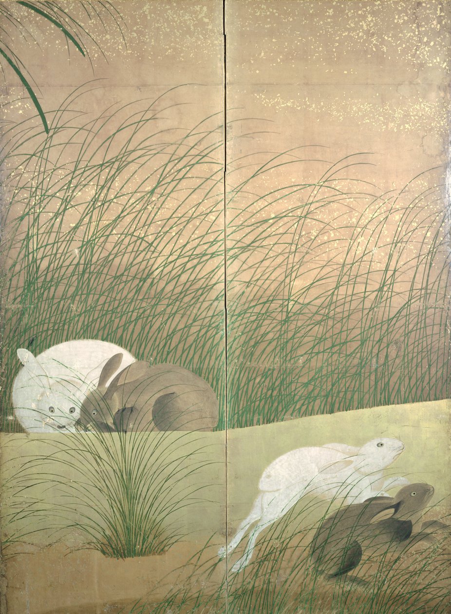 Lebres e gramíneas de outono, c.1700 (tinta, cor e ouro sobre papel) de Japanese School