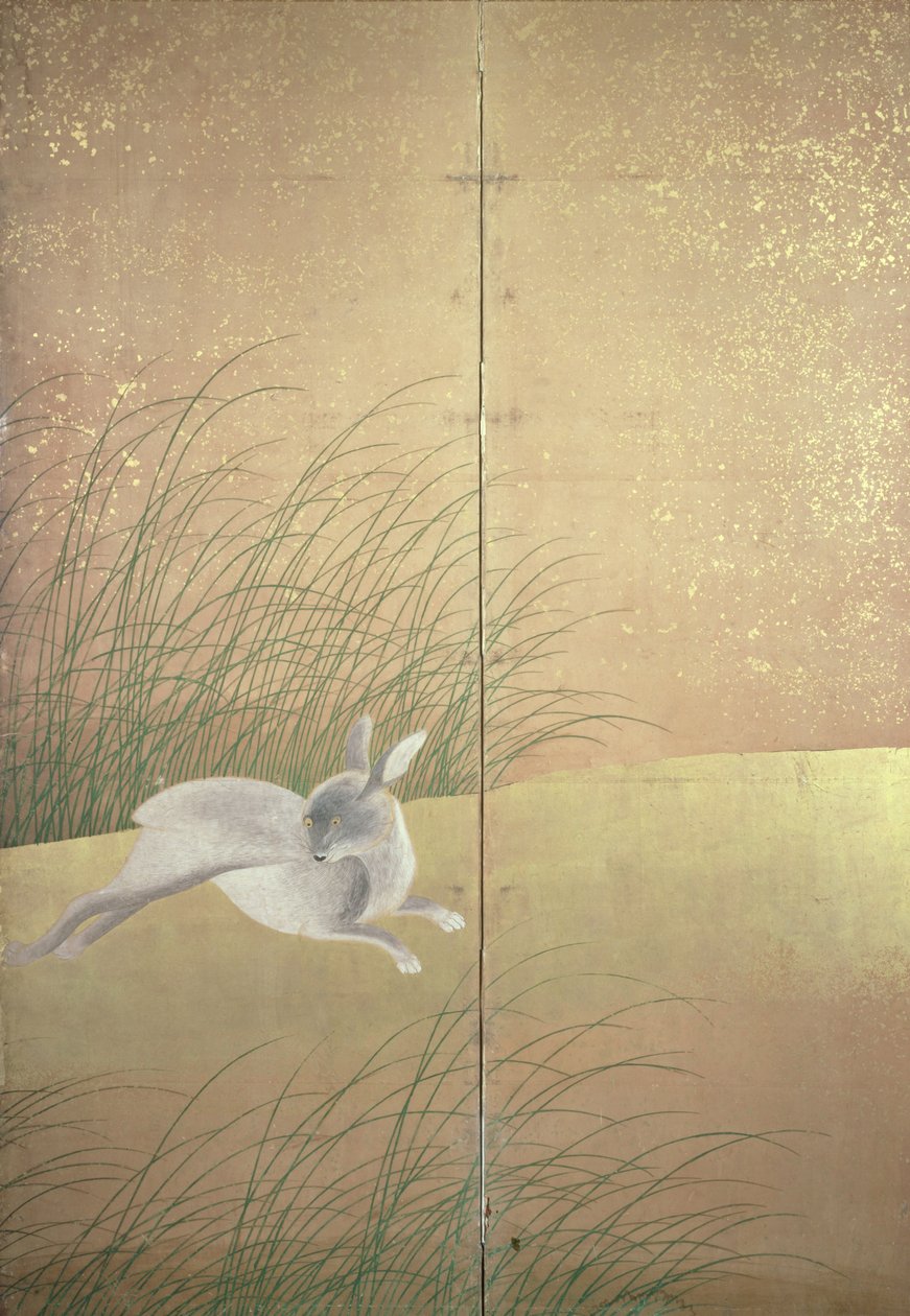 Lebres e gramíneas de outono, c.1700 (tinta, cor e ouro sobre papel) de Japanese School