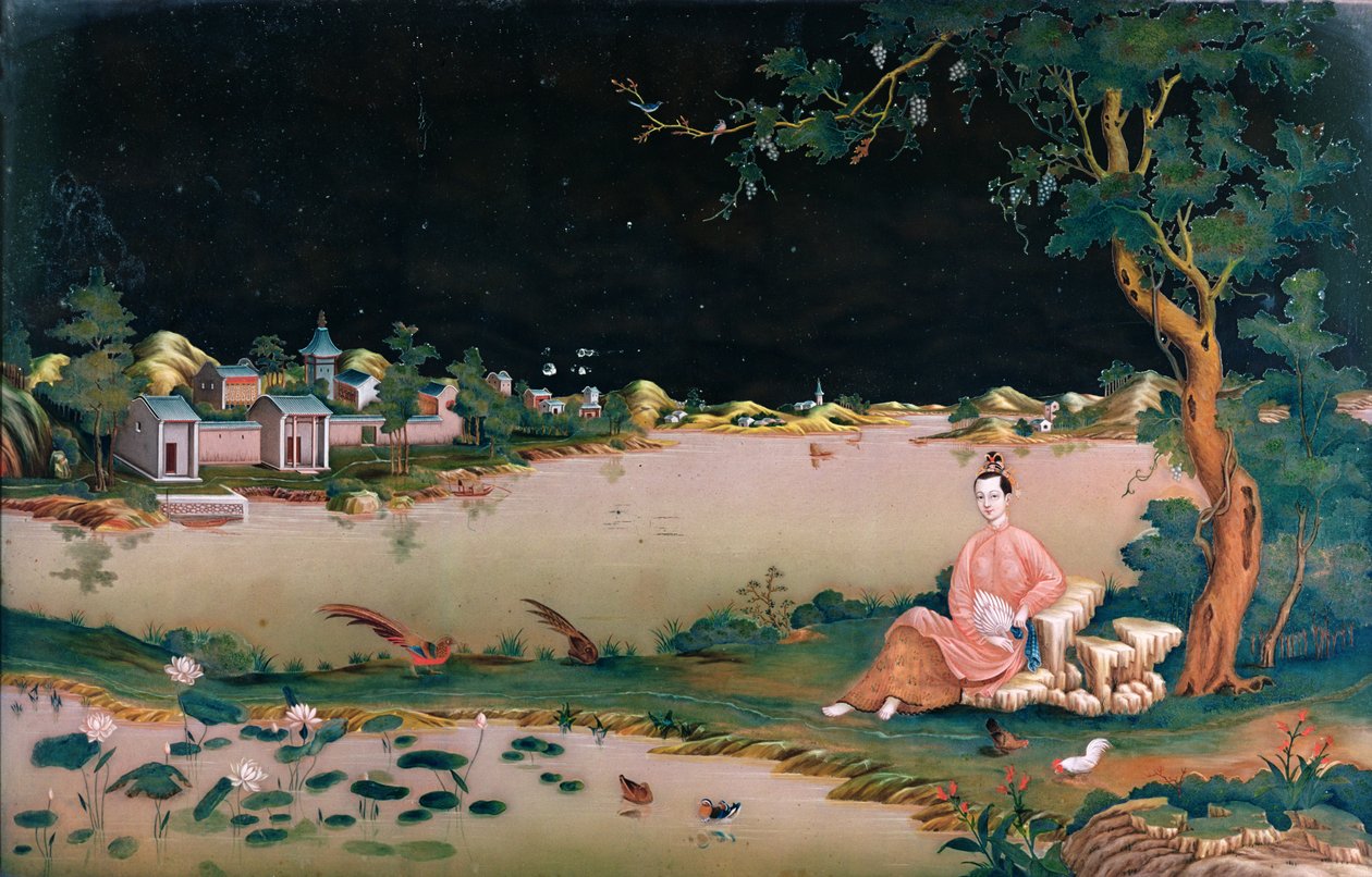 Pintura de espelho japonesa mostrando uma menina sentada, c.1800 de Japanese School