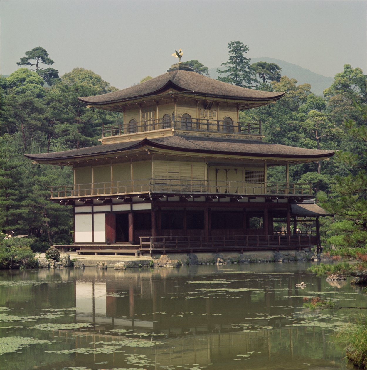 Templo Kinkaku (Pavilhão Dourado) dedicado à memória do shogun Ashikaga Yoshimitsu (1358-1408) do século XV (reconstruído século XIX) de Japanese School