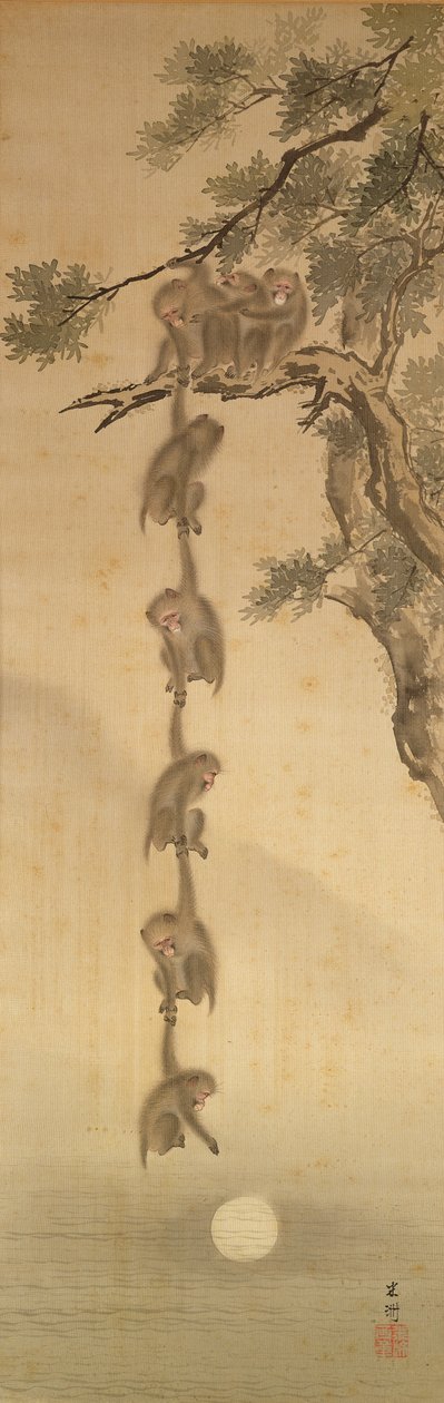 Macacos chegando à Lua, Período Edo (1603-1867) (tinta no papel) de Japanese School