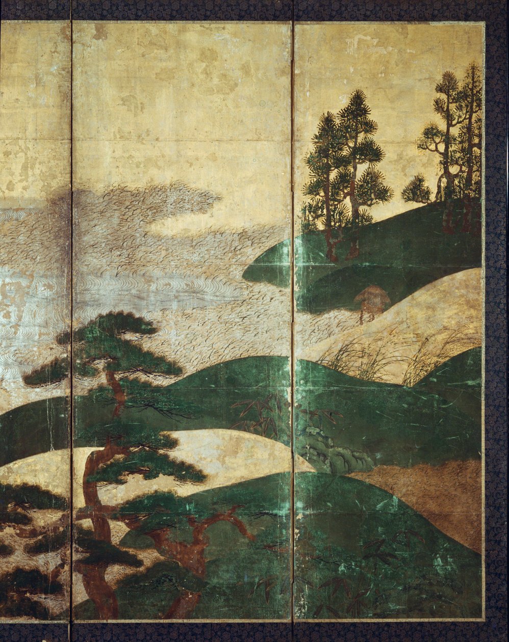 Paisagem ao luar (caneta e tinta, cor, papel dourado no painel) (ver 216573, 216574) de Japanese School