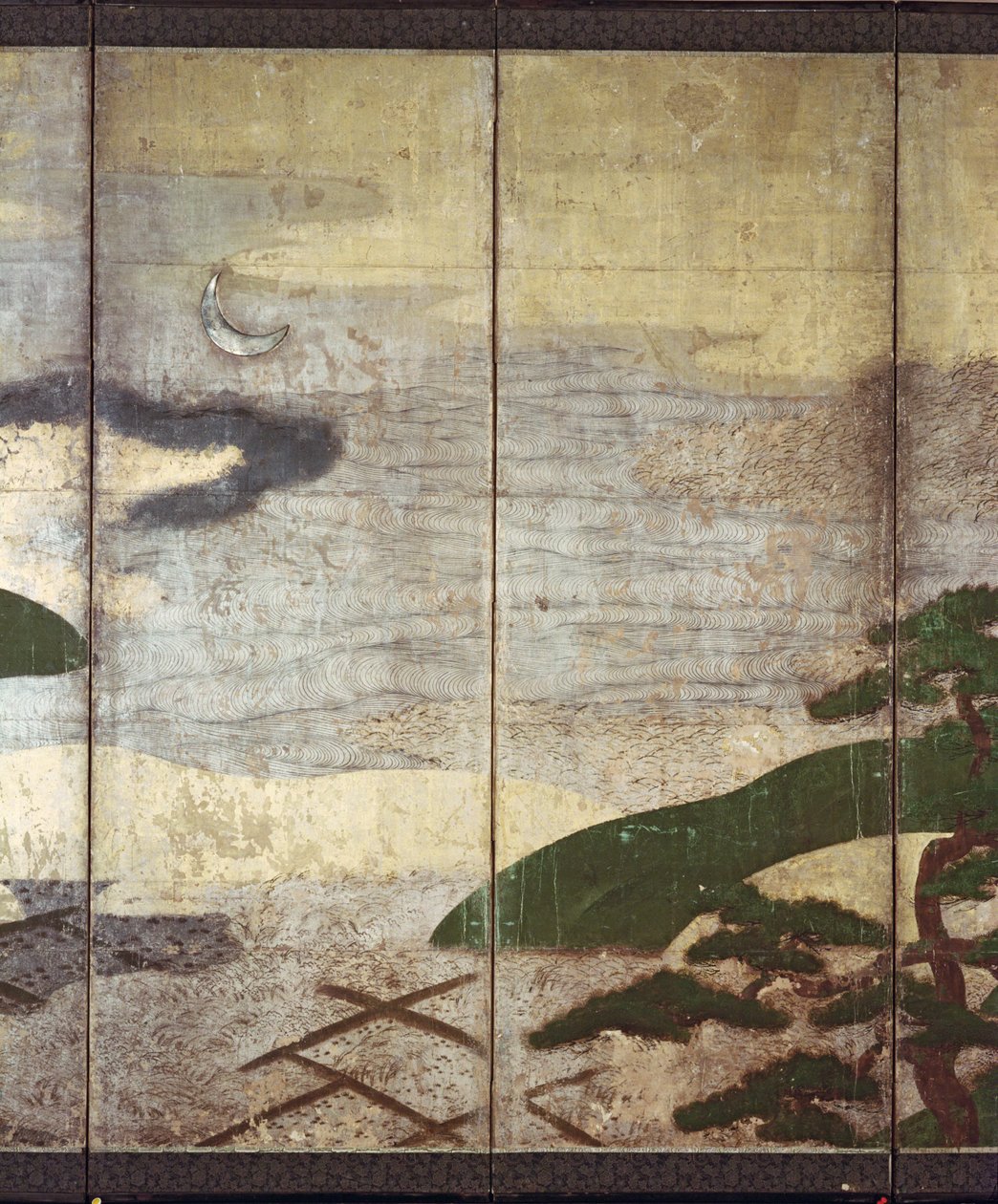 Paisagem ao luar (caneta e tinta, cor, papel dourado no painel) (ver 216573, 216575) de Japanese School