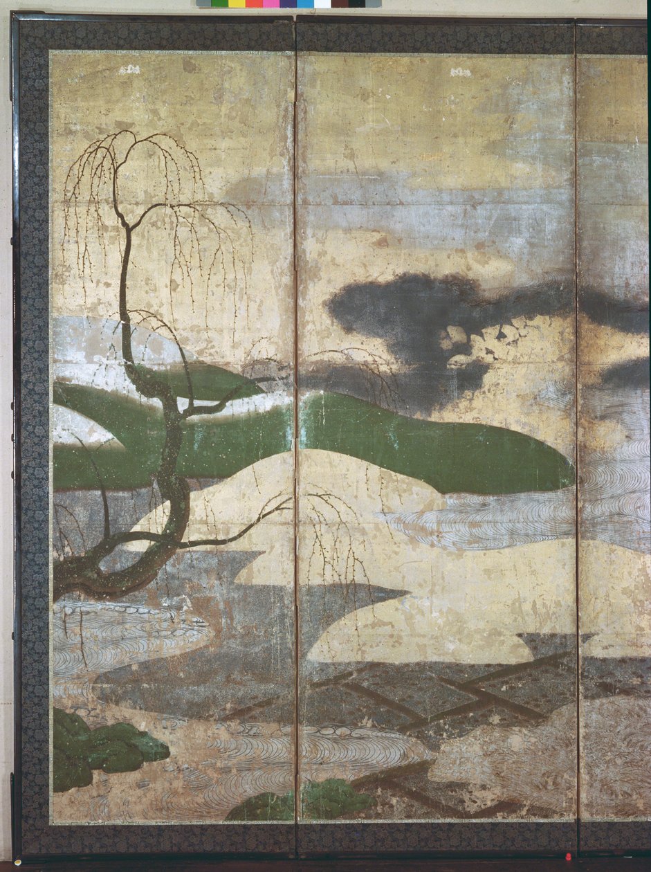 Paisagem ao luar (caneta e tinta, cor, papel dourado no painel) (ver 216574, 216575) de Japanese School