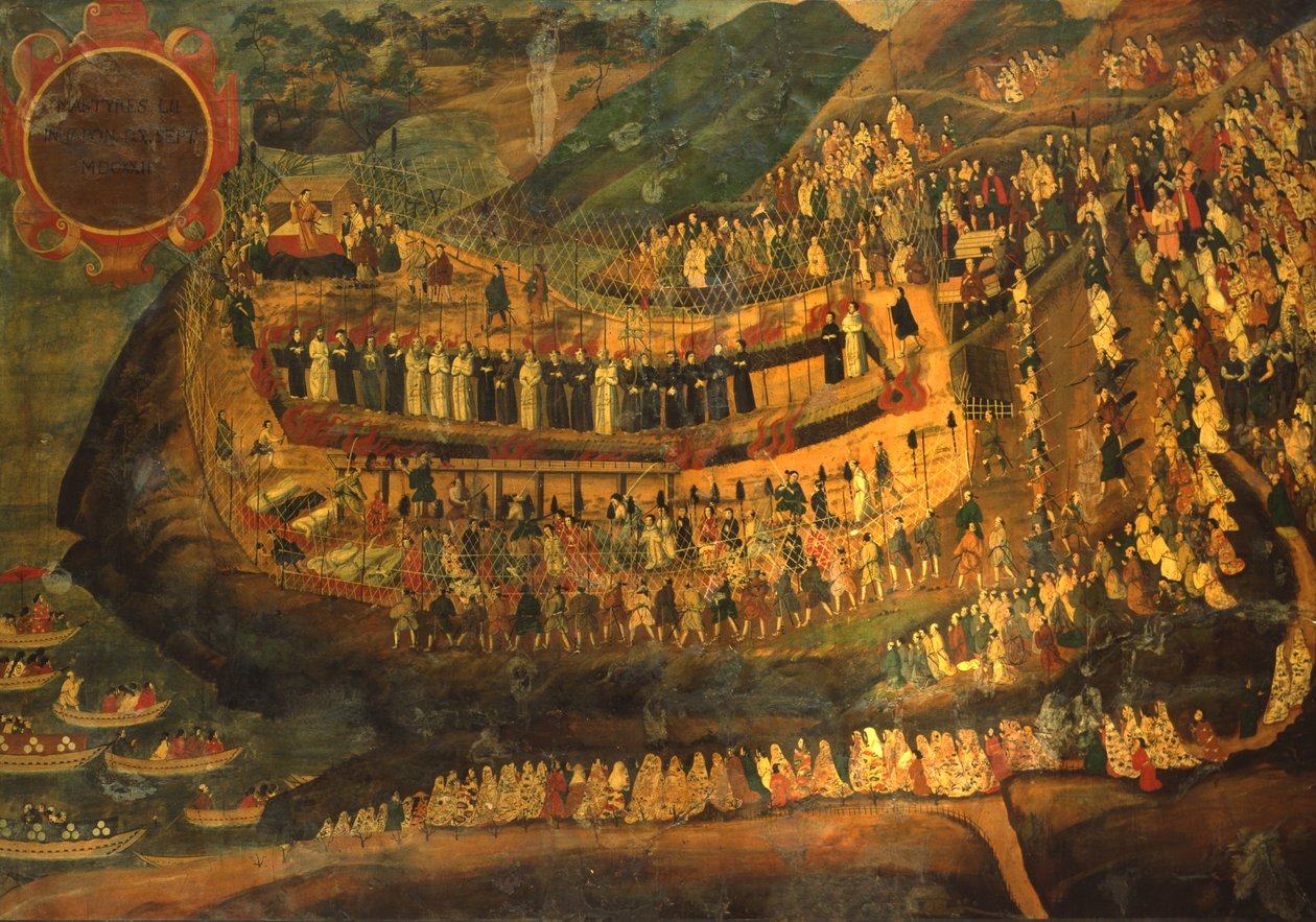 Tela de Namban ornamentada mostrando o martírio jesuíta, 1622 de Japanese School