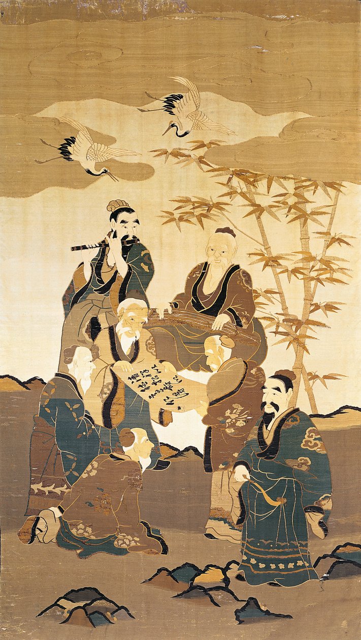 Sete homens sábios na floresta de bambu (seda pintada) de Japanese School