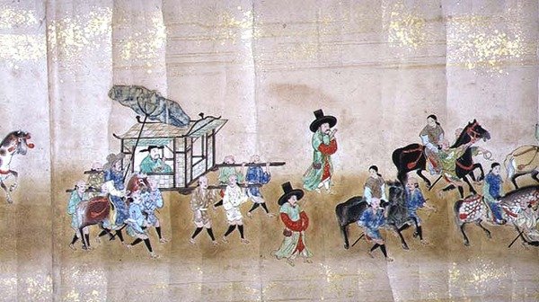 Sexta Embaixada da Coreia no Japão em Meireki 1 na época da sucessão de Tokugawa Ietsunas em 1651, possivelmente por Kano Masunobu (1625-94) (pintura de rolagem) (detalhe) (ver também 120834) de Japanese School