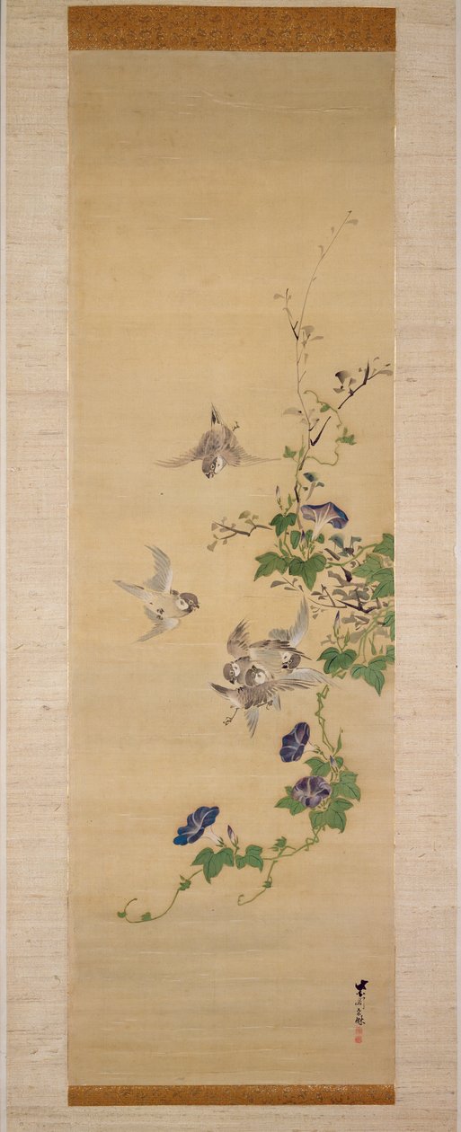 Pardais e corriola (tinta e cores sobre seda) de Japanese School