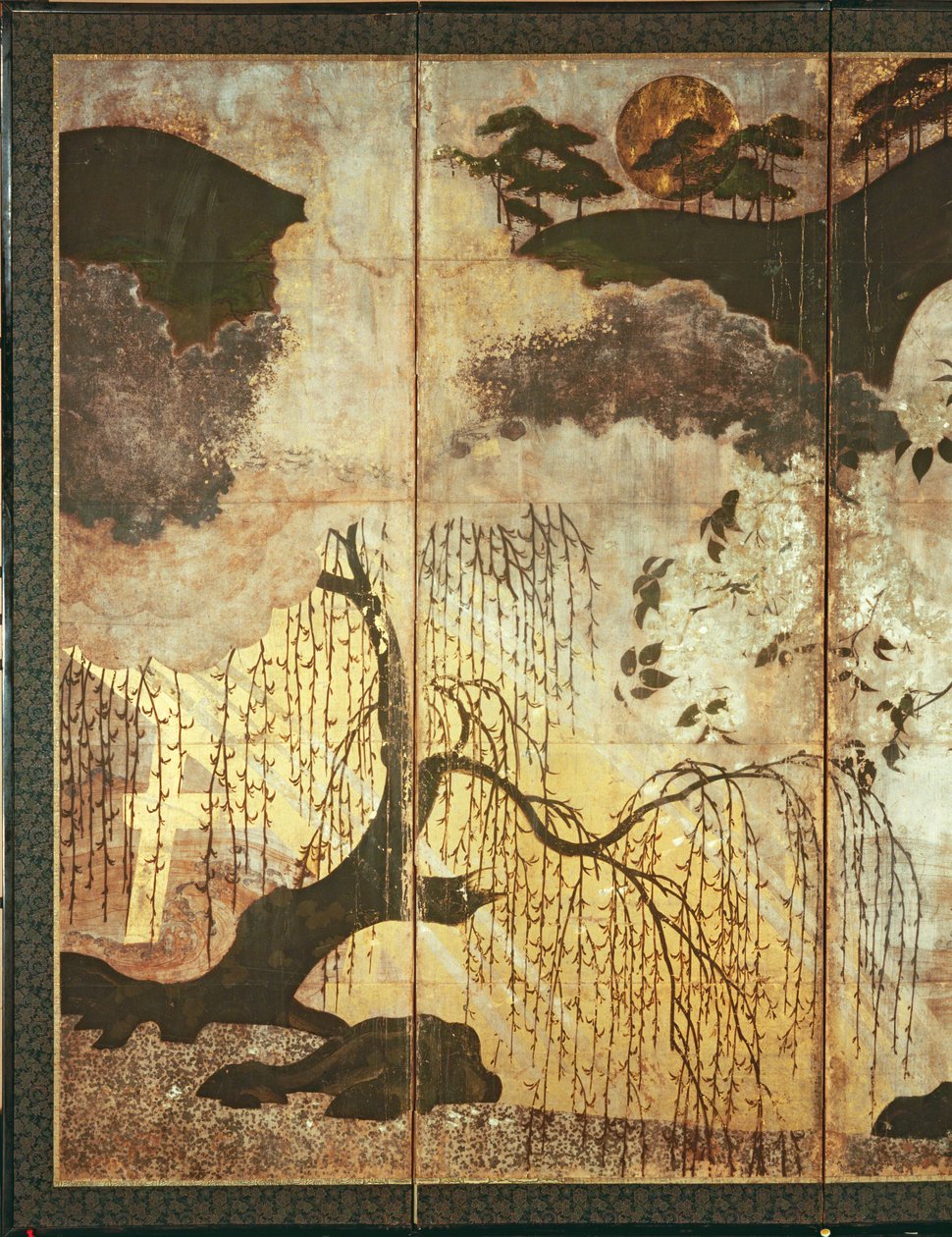 Paisagem ensolarada (caneta e tinta, papel dourado no painel) (ver 216577, 216578) de Japanese School