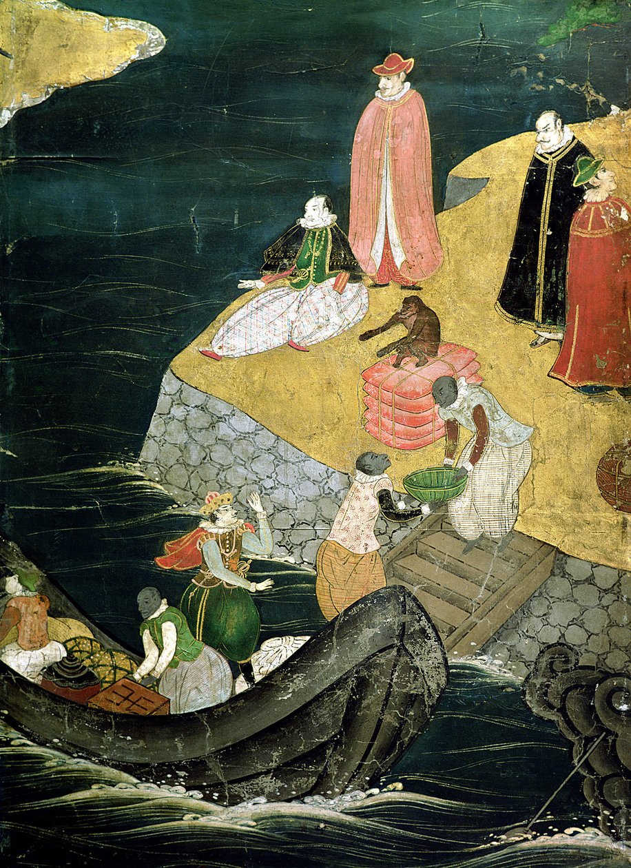 A chegada dos portugueses no Japão, detalhe da carga de carga de uma tela Namban Byobu, 1594-1618 de Japanese School