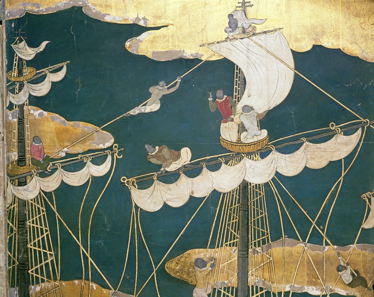 A chegada dos portugueses no Japão, detalhe do mastro do navio e do ninho de corvo, a partir de uma tela de Namban Byobu, 1594-1618 de Japanese School