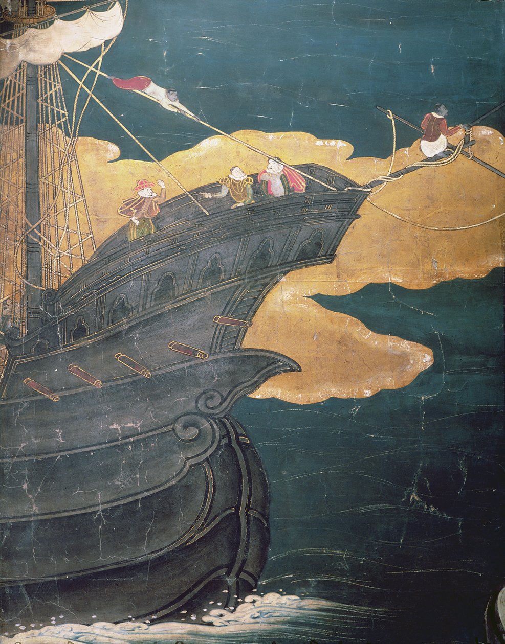 A chegada dos portugueses no Japão, detalhe da proa do navio, de uma tela de Namban Byobu, 1594-1618 de Japanese School