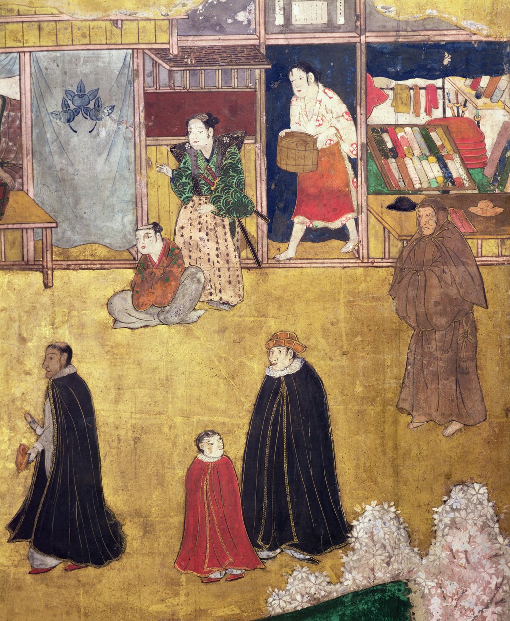 A chegada dos portugueses no Japão, detalhe de lojas de uma tela de Namban Byobu, 1594-1618 de Japanese School