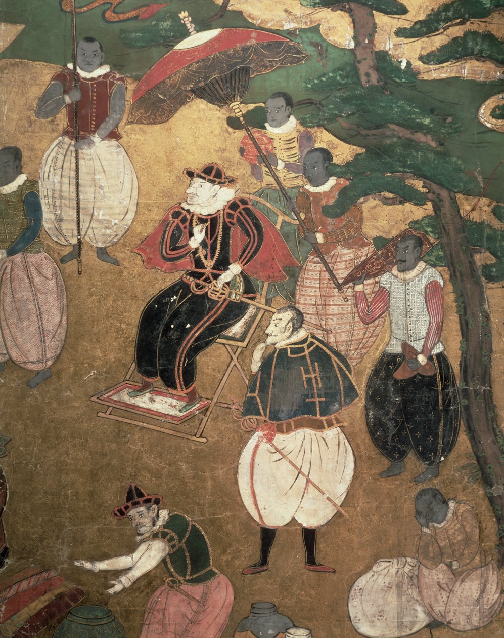 A chegada dos portugueses no Japão, detalhe dos portugueses comandando o desembarque de uma tela de Namban Byobu, 1594-1618 de Japanese School