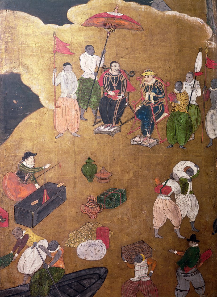 A chegada dos portugueses no Japão, detalhe dos portugueses que comandam o desembarque, a partir de uma tela de Namban Byobu, 1594-1618 de Japanese School