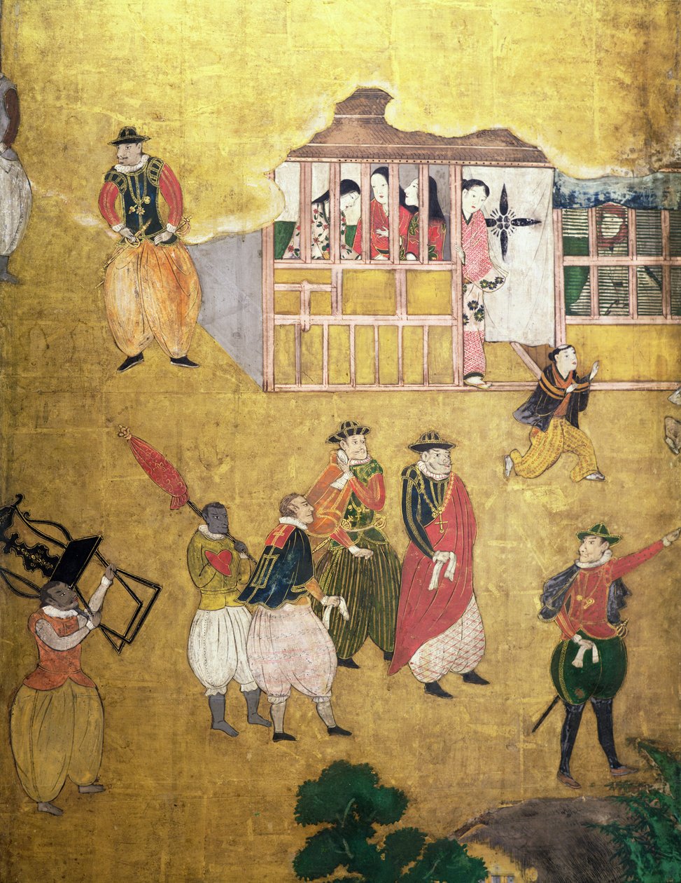 A chegada dos portugueses no Japão, detalhe do português de uma tela de Namban Byobu, 1594-1618 de Japanese School