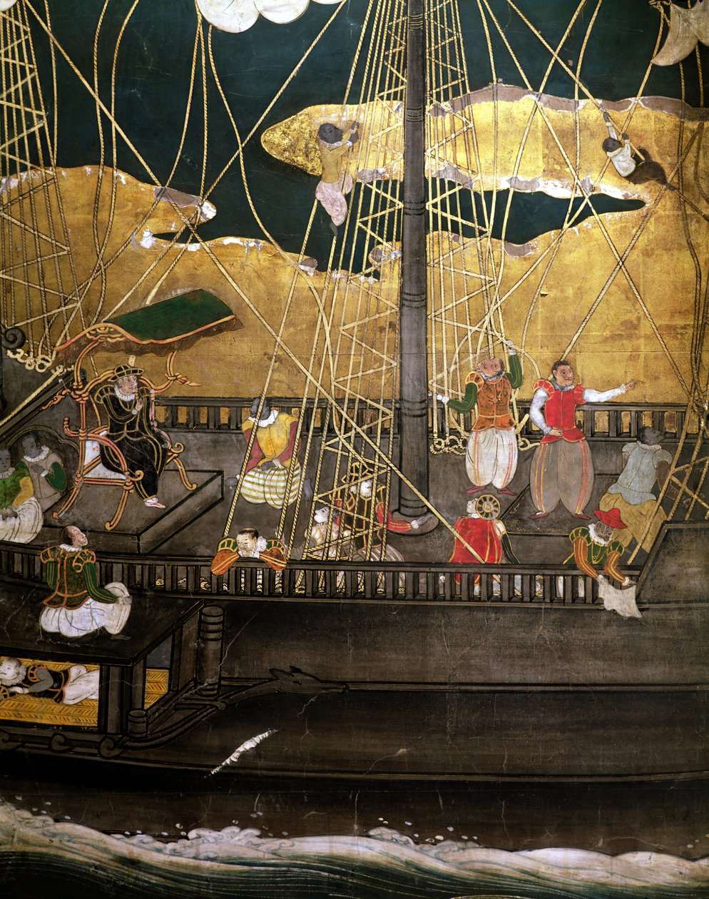 A chegada dos portugueses no Japão, detalhe do navio português, de uma tela de Namban Byobu, 1594-1618 de Japanese School