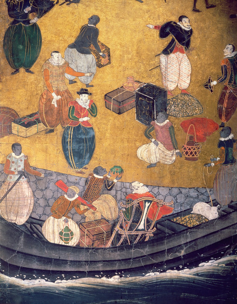 A chegada dos portugueses no Japão, detalhe de descarga de mercadorias, de uma tela de Namban Byobu, 1594-1618 de Japanese School