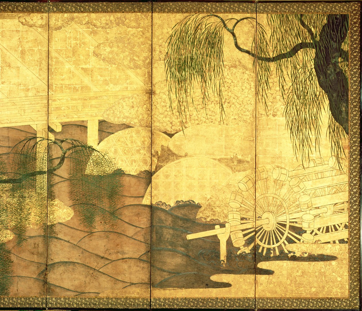 A Ponte no Rio Liji (caneta e tinta, cor e papel dourado no painel) (ver 216569) de Japanese School