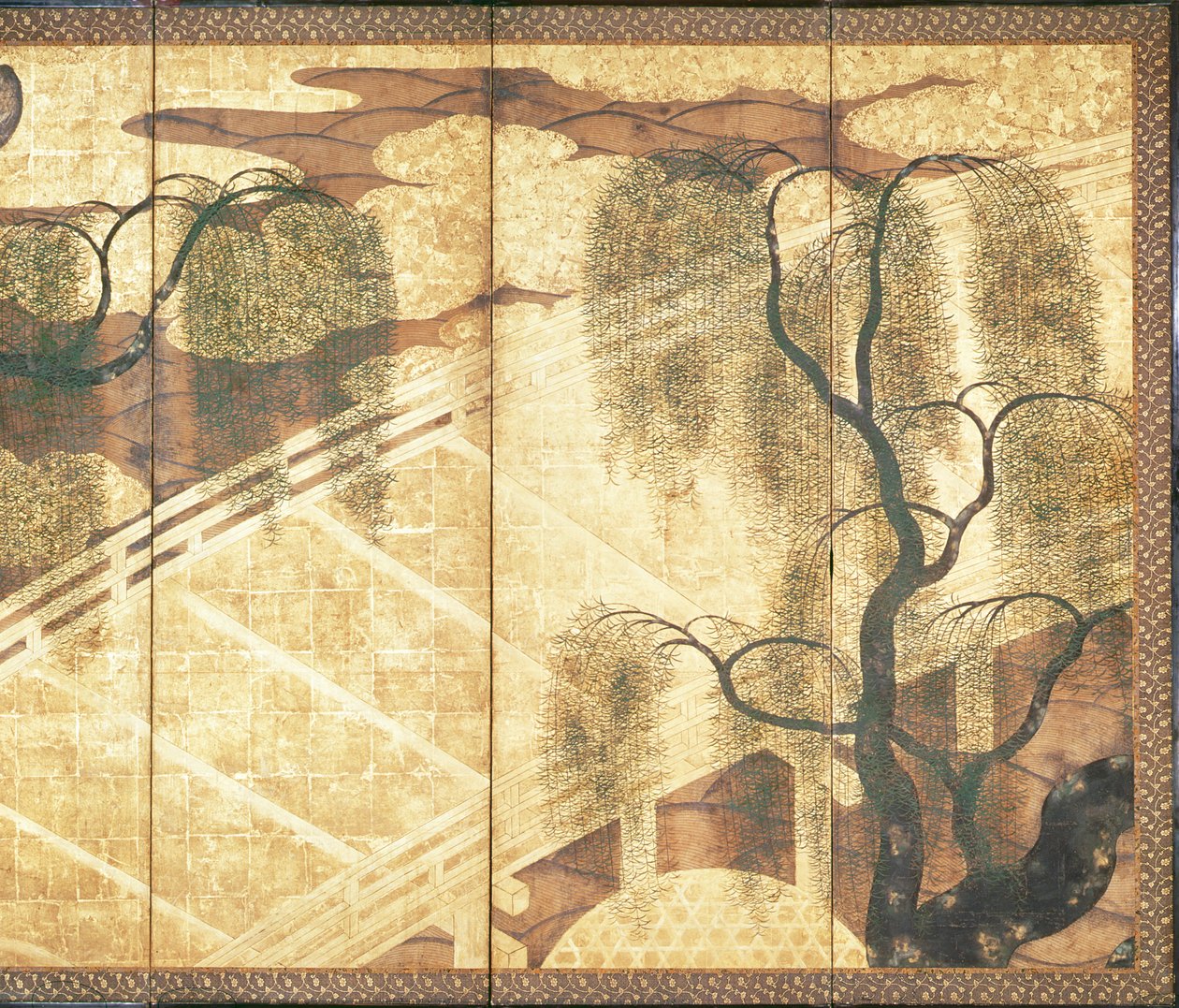 A ponte sobre o rio Liji (caneta e tinta, papel colorido e dourado no painel) (ver 216571) de Japanese School