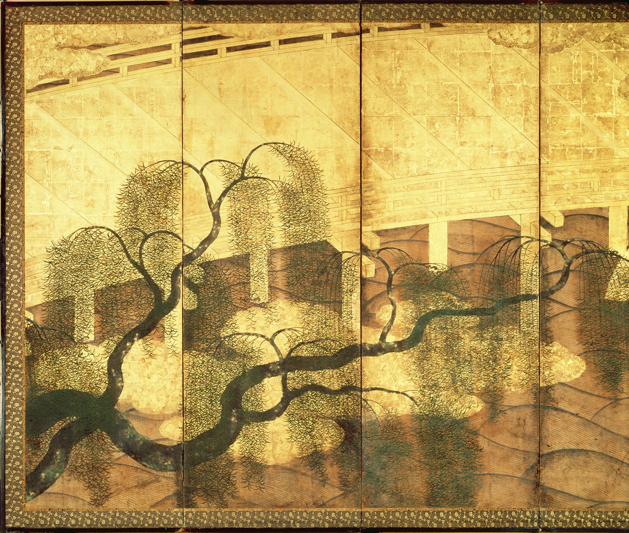 A Ponte no Rio Liji (caneta e tinta, papel colorido e dourado no painel) (ver 216570) de Japanese School