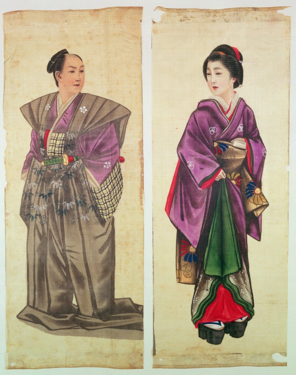 Duas figuras japonesas (seda pintada) de Japanese School