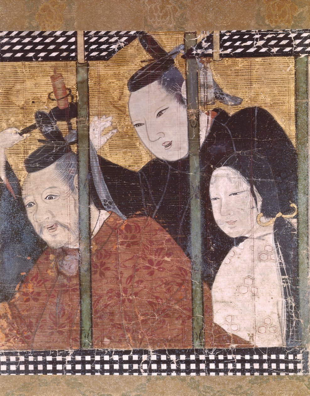 Dois homens, e, um, mulher, atrás de, um, toldo, detalhe, de, um, tela, 15th-18th, século de Japanese School