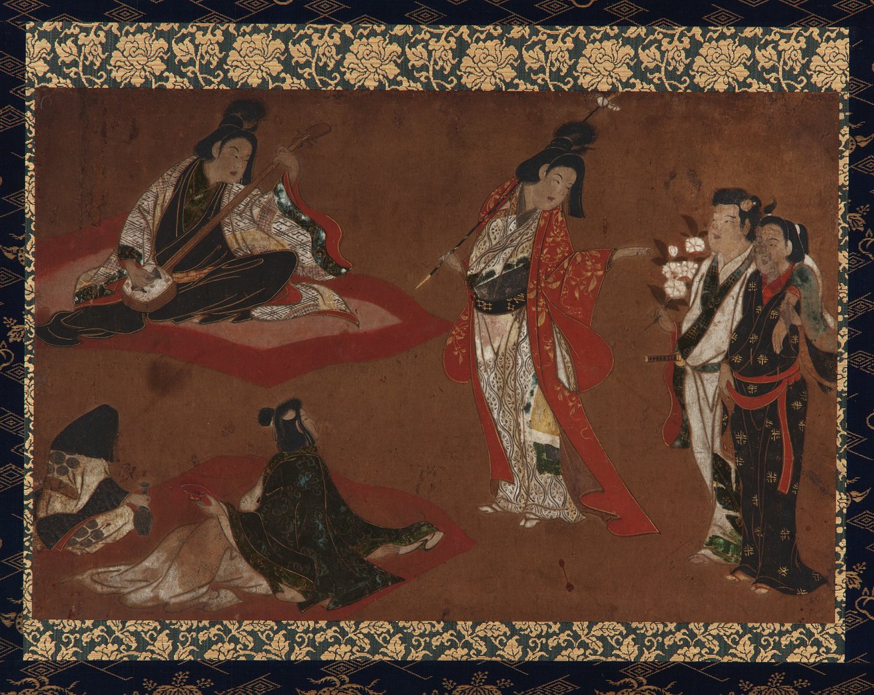 Uma festa de piquenique, rolo de suspensão (montado no painel), início do século 17 (cor e ouro no papel) de Japanese School