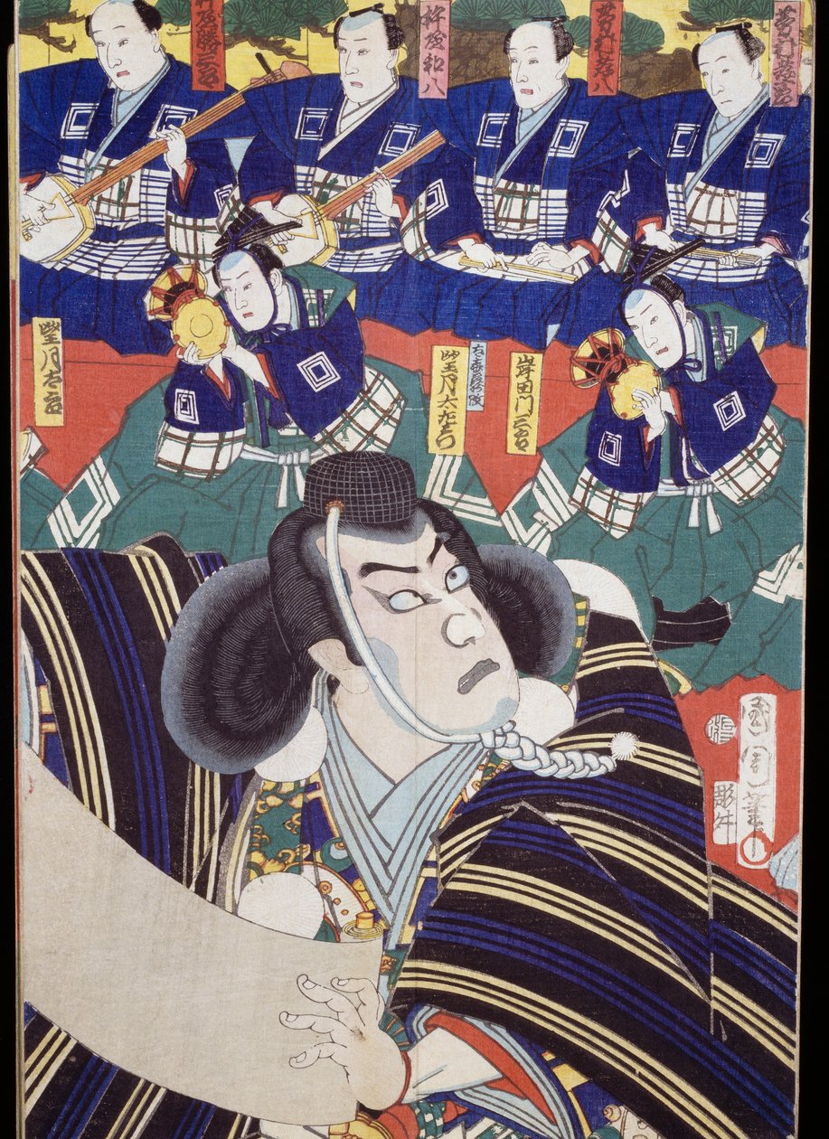 Atores, narradores e shamisen, cena teatral Kabuki de Japanese School